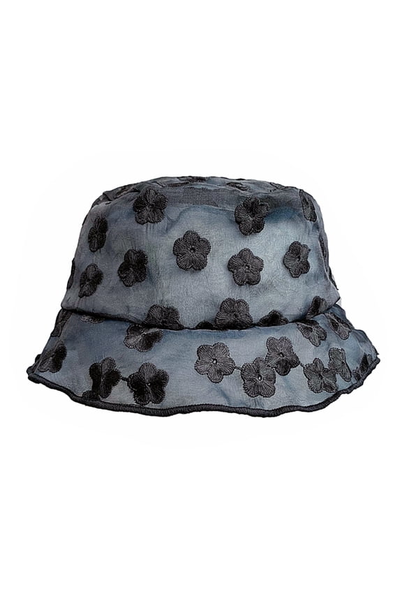 Women Sheer Lace Bucket Hat Floral Embroidery Ruffle Edge Foldable Fisherman Cap