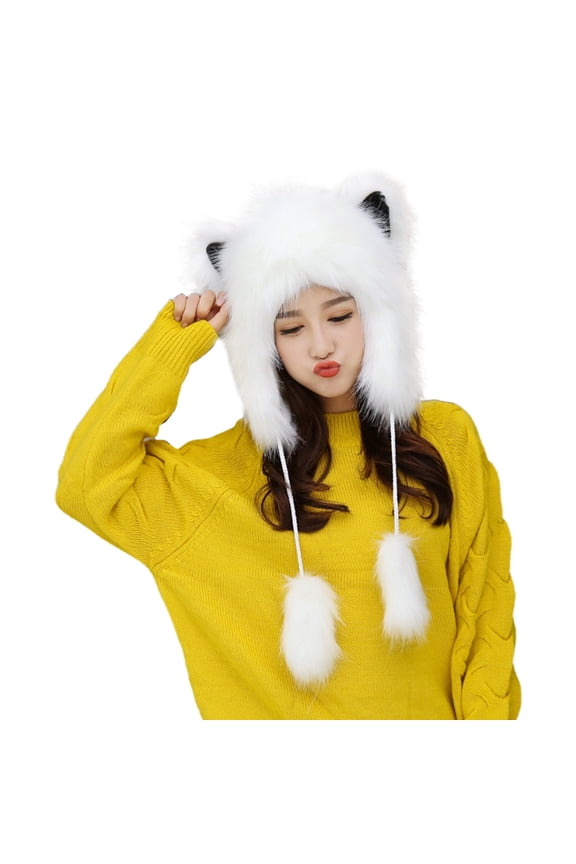 Women Winter Fluffy Trapper Hat Cute for Cat Ears Fuzzy Plush Earflap Cap Windproof Thermal Earmuff Warmer