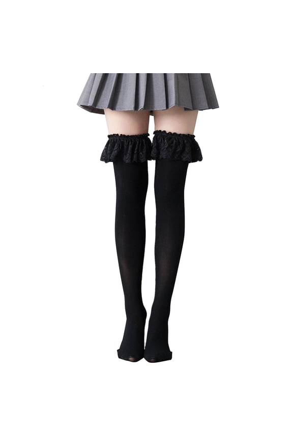 Womens Japanese Anime Thigh High Socks Aesthetic Elegant Lace Ruffled Trim Frilly Cosplay Over Knee Long Stockings