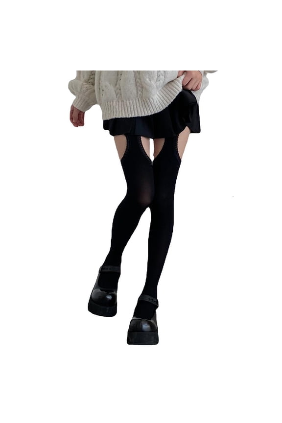 Womens Side Cutout Holes Suspender Pantyhose Lace Trim Fake Garter Belt Stockings Tights