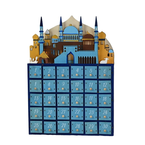 lanema Wood Eid Countdown Calendar with LED Lighting and 30 Small Drawers for Muslims