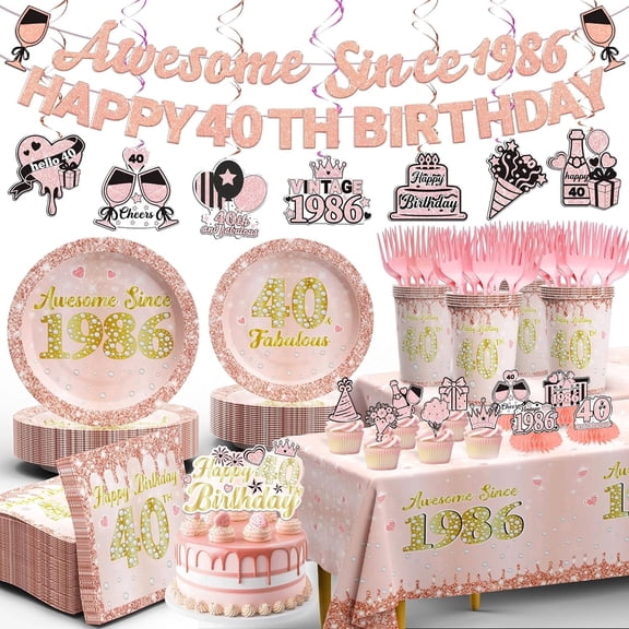 Lanfubeisi 40th Birthday Decorations for Women, 127Pcs Complete Party Supplies Set - Includes Banner Tablecloth Plates Cups Forks Napkins Cupcake Toppers Cake Toppers, Serves 20