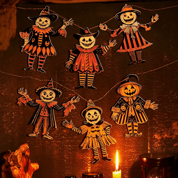 Lanfubeisi 6pcs Vintage Halloween Wood Banner Vintage Halloween Bunting Decorations Wood Hanging Banner for Party Horror Pumpkin Witch Wall Decorations for Home