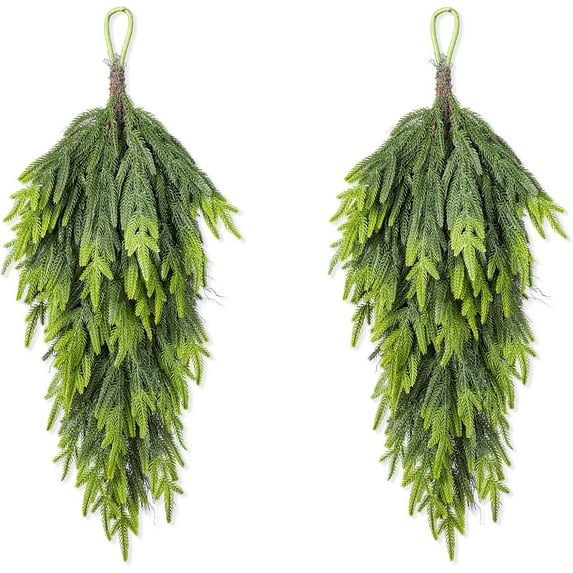 HaCpiu 2 Pack 31.5 Inch Artificial Christmas Teardrop Swag, Green Christmas Door Swag, Pine Green Leaf Wreath for Fireplace, Dining Table, Door Decorations