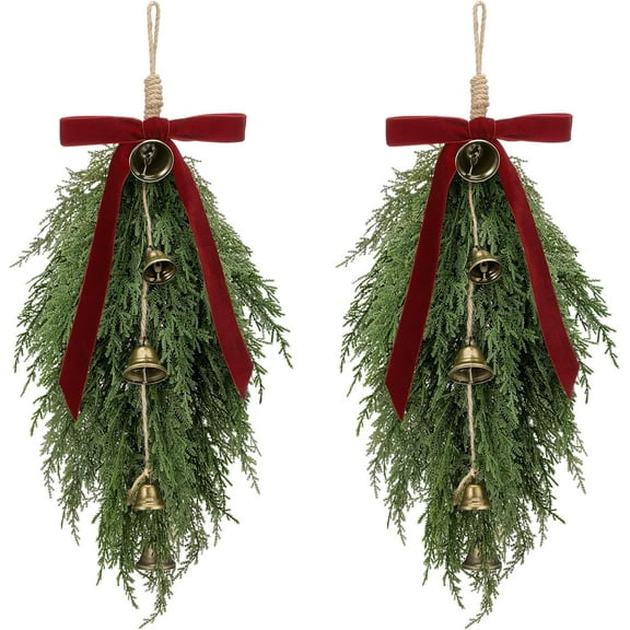 HaCpiu 2 Pack Christmas Greenery Cedar Teardrop Swag with Velvet Ribbon Bow and Rustic Vintage Bells - Artificial Swag Wreath for Tree Outdoor Front Door Farmhouse Home Wall Mantle Decor(Burgundy)
