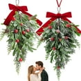 thumbnail image 1 of laqbezok 2 Pcs 16'' Christmas Mistletoe Picks Decor, Artificial Mistletoe Kissing Ball Decoration, Xmas Hanging Bunch Ornament with Red Velvet Bow Red Berries Pine Cones for Home Door Decor, 1 of 14