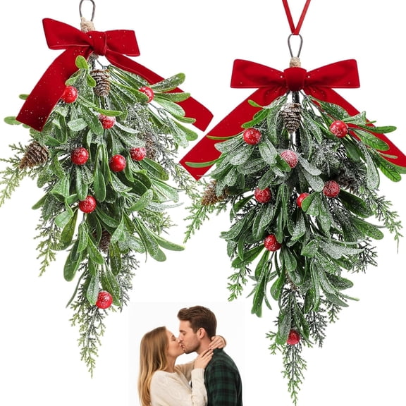 HaCpiu 2 Pcs 16'' Christmas Mistletoe Picks Decor, Artificial Mistletoe Kissing Ball Decoration, Xmas Hanging Bunch Ornament with Red Velvet Bow Red Berries Pine Cones for Home Door Decor