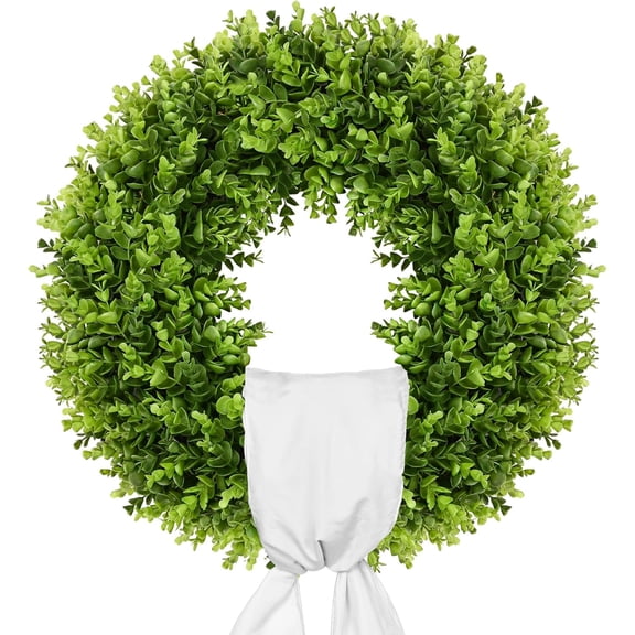 laqbezok 20-Inch Boxwood Wreath, 20" Artificial Boxwood Wreath Front Door Wreaths, Artificial Spring Summer Greenery Hanging Swag with Plaid Bowand Sash, for Front Door Wall Hanging Home Decor