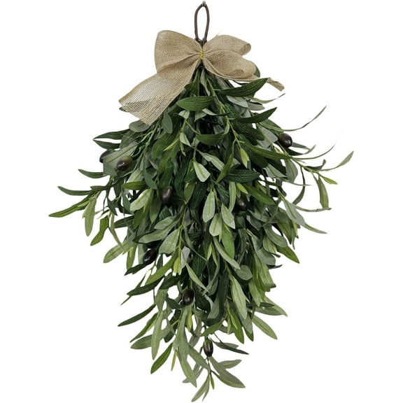 24 Inch Artificial Teardrop Swag Olive Wreath with Bow, Hanging Green Leaves Teardrop Door Wreath with Fruits, Spring Greenery Wreath for Front Door Wall Farmhouse Decor