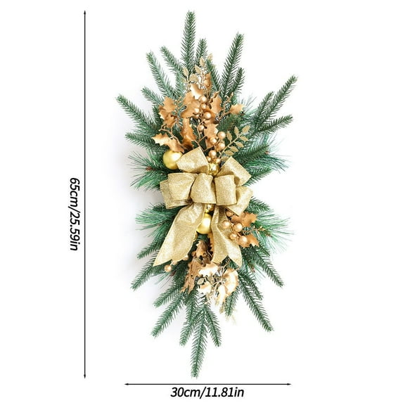 HaCpiu 26" Christmas Wreath with Gold Bow and Decorations, Green Pine Garland with Golden Ornaments, Ideal for Front Door, Wall Hanging, or Indoor Festive Seasonal Decorations
