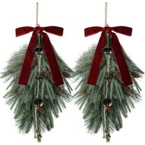 laqbezok 2Pcs 24In Christmas Teardrop Swag, Rustic Door Swag Teardrop Wreath, Artificial Norfolk Pine Needle Hanging Garland, Greenery with Bell Velvet Bow for Outdoor Mantle Fireplace