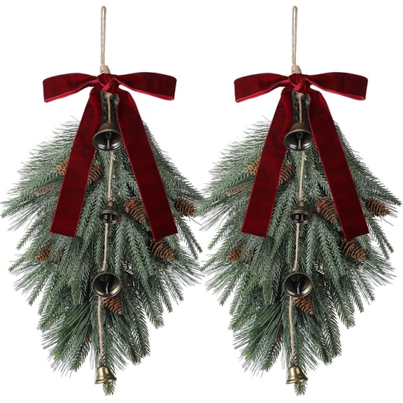 laqbezok 2Pcs 24In Christmas Teardrop Swag, Rustic Door Swag Teardrop Wreath, Artificial Norfolk Pine Needle Hanging Garland, Greenery with Bell Velvet Bow for Outdoor Mantle Fireplace