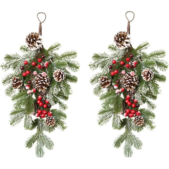 HaCpiu 2Pcs Artificial Christmas Teardrop Swag, 22 Inch Teardrop Door Swag Ornaments with Berry and Pine Cone, for Xmas Holiday Wall Door Window Home Decoration