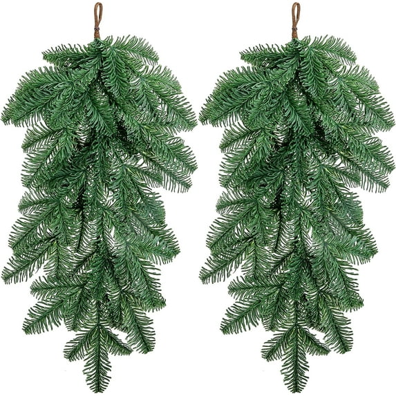 laqbezok 2Pcs Artificial Christmas Teardrop Swag, 28" Faux Norfolk Pine Teardrop Door Swag, Real Touch Greenery Pine Wreath Staircase Swags for Xmas Holiday Door Mantle Fireplace Decor Indoor Outdoor