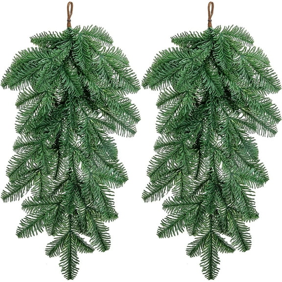 laqbezok 2Pcs Artificial Christmas Teardrop Swag, 28" Faux Norfolk Pine Teardrop Door Swag, Real Touch Greenery Pine Wreath Staircase Swags for Xmas Holiday Door Mantle Fireplace Decor Indoor Outdoor