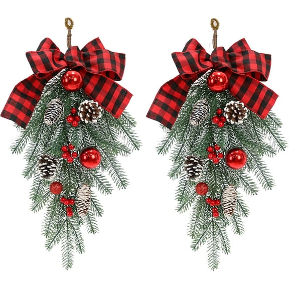 laqbezok 2Pcs Christmas Door Swags, Garland Christmas Swag Teardrop Ornament, Pine Cone Red Bow Decorative Props Pendant, Wall Hanging for Front Door Indoor Outdoor Wall Hanging Wreaths Decor