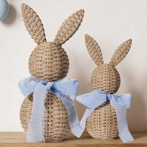 laqbezok 2Pcs Faux Wicker Easter Bunny Figurines, Rattan Effect Plastic Rabbit Statues with Blue Bows, Rustic Farmhouse Easter Table Centerpiece & Shelf Easter Decor