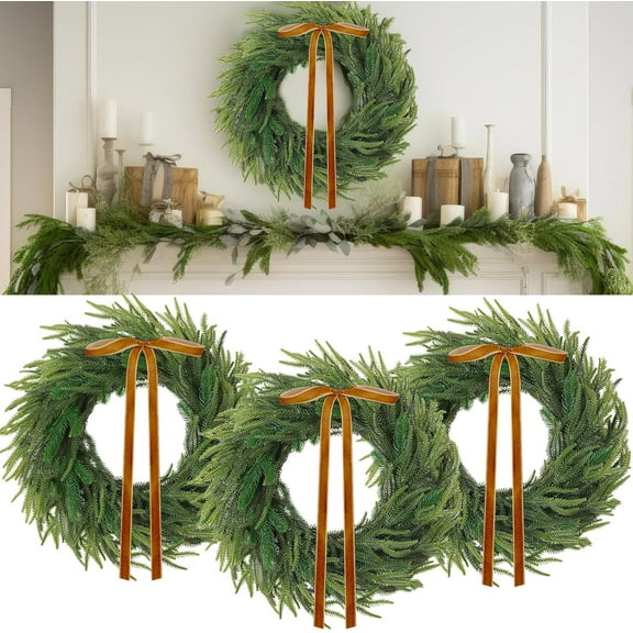 HaCpiu 3Pcs 24Inch Christmas Norfolk Pine Wreath, Artificial Real Touch Norfolk Wreath, Winter Farmhouse Greenery Decoration with Ribbon Bow, for Front Door Xmas Indoor Outdoor Home Decoration