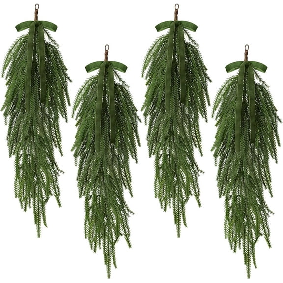 laqbezok 4 Pack 24 Inch Christmas Teardrop Swags with Rustic Velvet Ribbon Bow, Artificial Realistic Norfolk Pine Greenery Swag for Festive Holiday Door Wall Home Porch and Mantel Decor