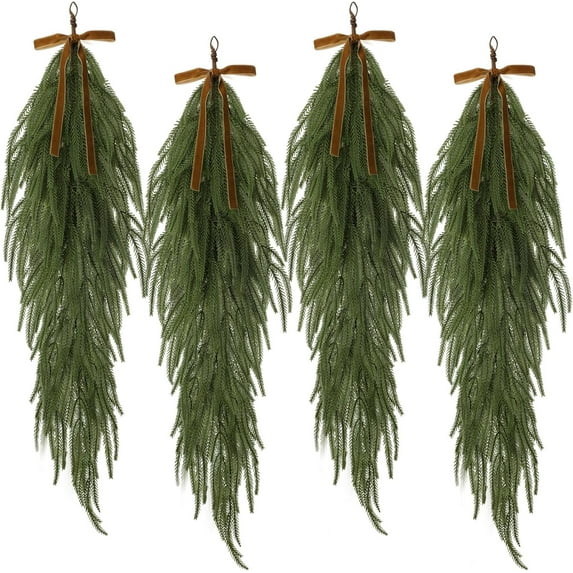 laqbezok 4 Pack 36 Inch Christmas Teardrop Swags with Rustic Velvet Ribbon Bow, Artificial Realistic Norfolk Pine Greenery Swag for Festive Holiday Door Wall Home Porch and Mantel Decor