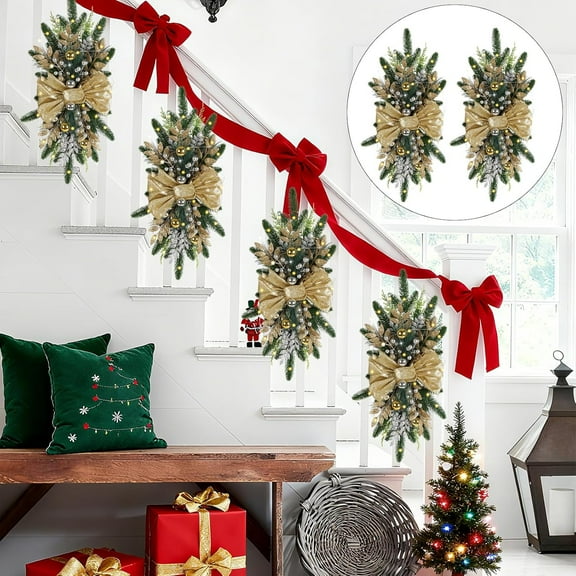 laqbezok 4PCS 24" Gold Christmas Swags Cordless Prelit Teardrop Swag, Christmas Stairs Decorations, Light up Christmas Swag Wreath for Stair Window Wall Home Decor