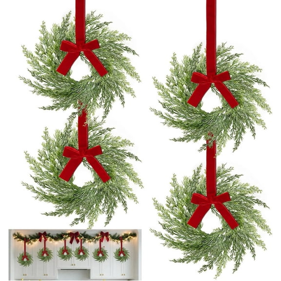 laqbezok 4Pcs Small Christmas Wreaths,12 Inch Mini Wreaths with Soft Cypress Pine Tips Red Christmas Bows, Hanging Decorations for Window Mantel Stairs Wall Home Xmas Decor Indoor