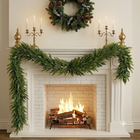 laqbezok 6Ft Christmas Cedar Garland, Artificial Cedar Greenery Garland with Green Leaves, Winter Outdoor Front Porch Decor & Fireplace Mantel Christmas Home Decorations