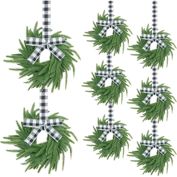 laqbezok 8Pcs Small Christmas Norfolk Wreaths, 7.8" Mini Wreaths for Kitchen Cabinets with Bow Ribbon, Real Touch Norfolk Pine Decorative Hanging Greenery, for Xmas Window Door Farmhouse Decor