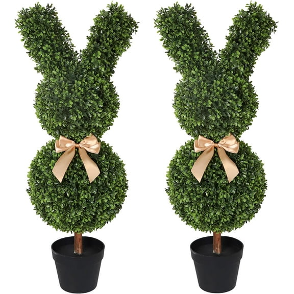 laqbezok Artificial Bunny-Shaped Topiary Tree, 35'' UV-Resistant Faux Boxwood Topiary Plant, for Easter Porch Decor, Spring Decoration (Set of Two)