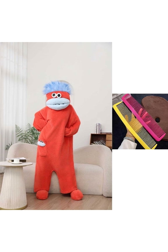 Big Mouth Monster Onesie Bundle Costume - Unisex Adult Ultra-Soft Plush One Piece Pajamas with Monster Shoes & 2 Combs, Warm Hooded Fleece Loungewear for Cosplay & Gifts