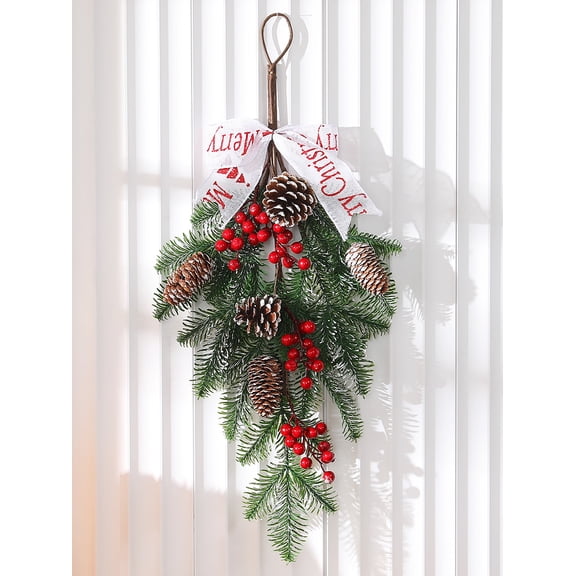 laqbezok Christmas Swag with Red Berries and Pine Cones, Festive Holiday Decoration with 'Merry Christmas' Ribbon, Perfect for Front Door and Wall Decor