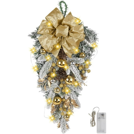 laqbezok Christmas Teardrop Swag with Lights, 23" Red Artificial Christmas Swag with Velvet Bow and Baubles, Artificial Winter Swag Garland for Outdoor Front Door Window Stair Decoration (Golden)