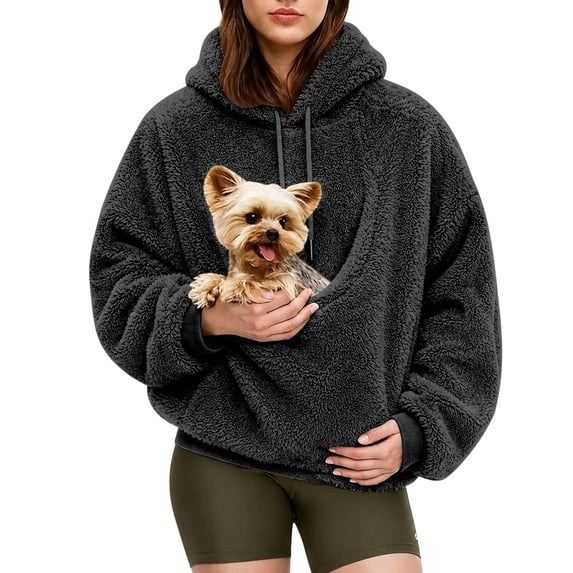 laqbezok Fleece Pet Hoodie Carrier, Women's Sweatshirt With Cat Dog Pouch, Cozy Hoodie With Pet Pouch & Large Pocket for Puppy Kitten Dogs Holder, Black L