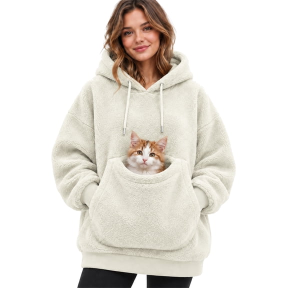 laqbezok Oversized Cat Hoodie with Pouch, Warm Pet Pouch Hoodies for Dog Cat Lover, Fleece Pullover Carrier Sweatshirt & Animal Holder, Beige L