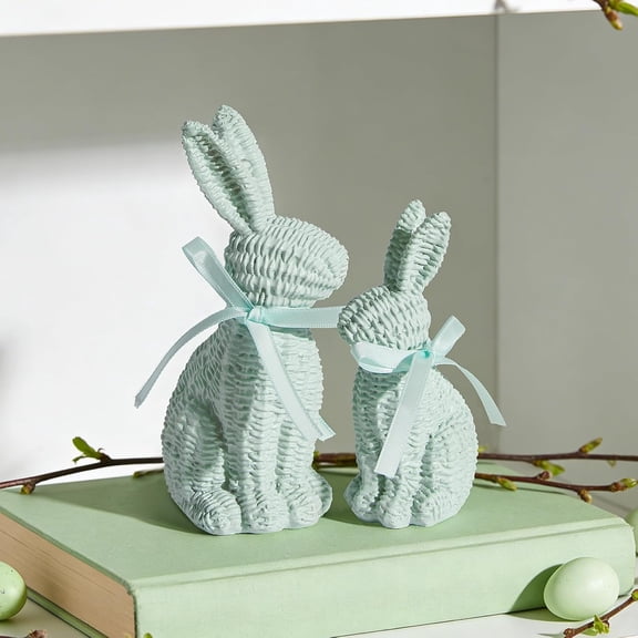 laqbezok Set of 2 Easter Bunny Table Decor, Green Woven Effect Easter Rabbit Statues, Spring Farmhouse Home Table Centerpiece, Indoor Easter Rabbit Bunny Decor & Gift