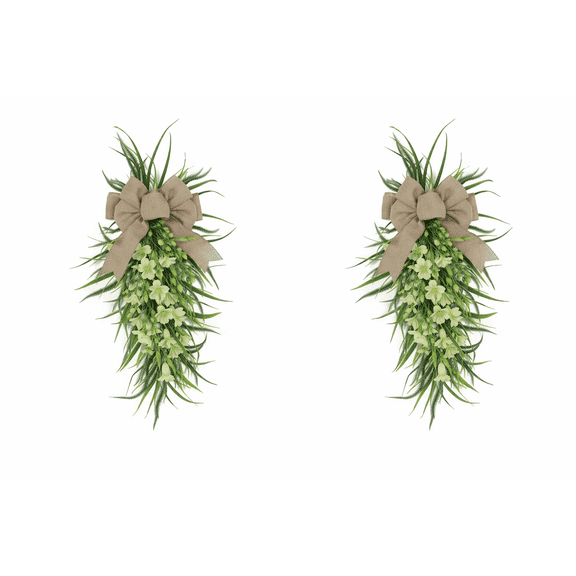 laqbezok Set of 2 Spring Lilies Floral Swag for Front Door, 24" Large White Lily & Greenery Summer Teardrop Wreaths with Burlap Bow, Realistic Farmhouse Wall Decor for Porch, Window, and Mantle