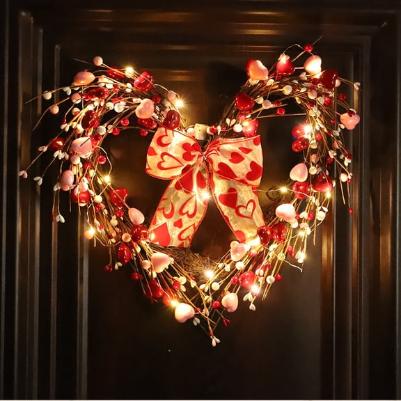 laqbezok Valentine's Day Wreath with Light, 15.75" Red Pink Artificial Front Door Swag with Bow Hanging Decoration, for Dining Wedding Atmosphere Wall Door Home Deocr