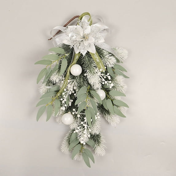laqbezok White Christmas Teardrop Swag, Outdoor Holiday Decor for Front Door, Winter Floral Swag with White Ornaments and Bow, Ideal for Christmas Wreaths, Garlands & Swags