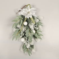 laqbezok White Christmas Teardrop Swag, Outdoor Holiday Decor for Front Door, Winter Floral Swag with White Ornaments and Bow, Ideal for Christmas Wreaths, Garlands & Swags