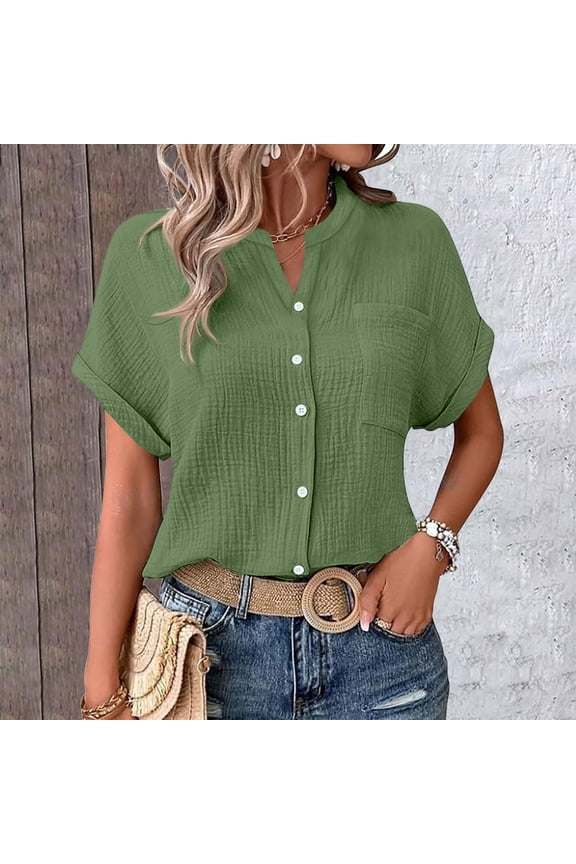 Women's Army Green Blouse, Mandarin Collar Button Down Textured Top, Casual Short Sleeve Summer Shirt, Lightweight Linen-Style Tee
