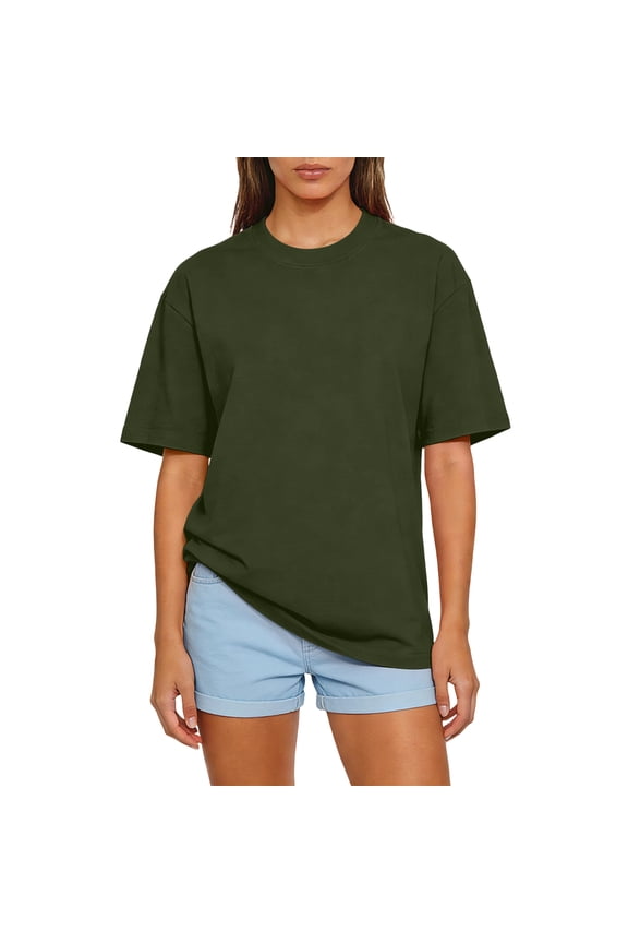 Women's Army Green Oversized T-Shirt, Cotton Crew Neck Short Sleeve Tee, Casual Loose Fit Summer Top, Trendy Athletic Athleisure Wear