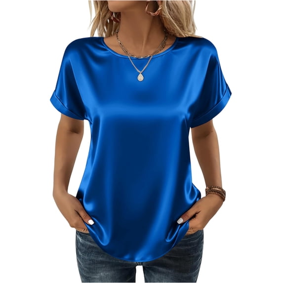 laqbezok Women's Blue Satin Blouse, Crew Neck Dolman Sleeve Silk-Like Top, Casual Summer Fashion T-Shirt, Elegant Evening Tee