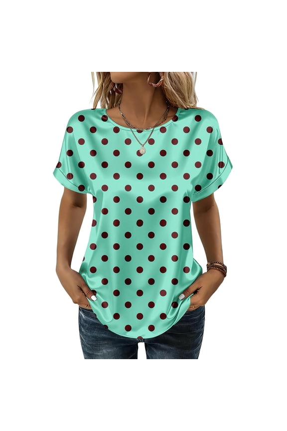 Women's Green Satin Blouse with Polka Dots, Crew Neck Dolman Sleeve Silk-Like Top, Casual Summer Fashion T-Shirt, Elegant Tee
