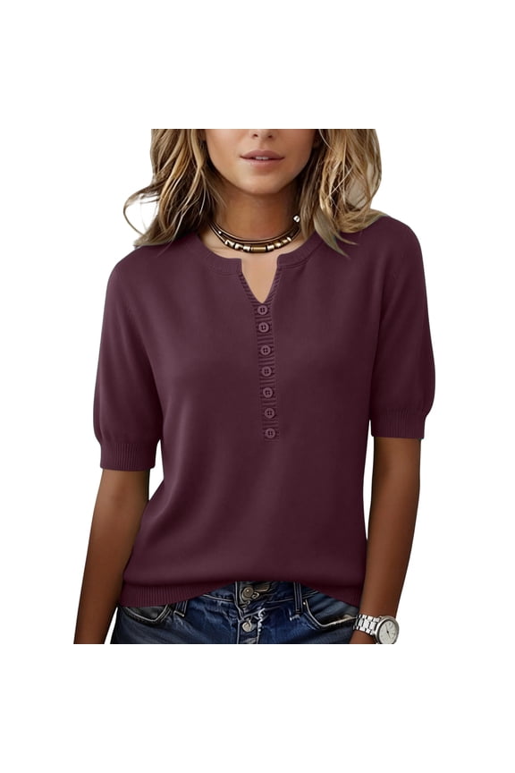 Women's Henley Neck Ribbed Knit Top, Casual Short Sleeve Button Blouse, Soft Lightweight Pullover, Elegant Deep Plum Spring Tee