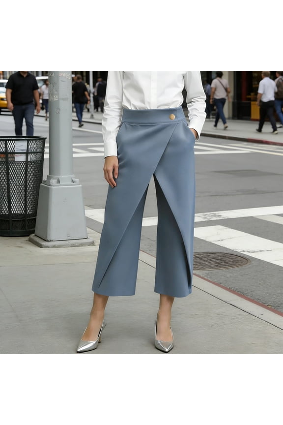 Women's High-Waisted Cross-Overlap Cropped Wide Leg Trousers - Asymmetrical Wrap Front Culottes - Flowy Smart Casual Capri Skirt Pants with Pockets, Light Blue S