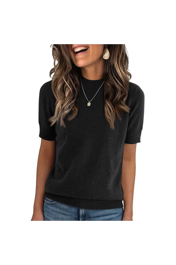 Women's Mock Neck Short Sleeve Knit Top, Casual Soft Lightweight Sweater, Modest Ribbed Trim Pullover, Elegant Spring Blouse