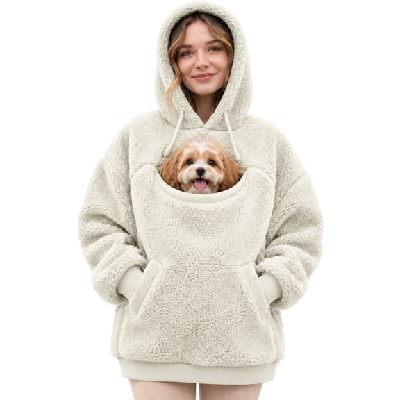 laqbezok Women's Pet Dog Pouch Hoodie, Oversized Dog Carrier Sweatshirt with Large Pocket, Long Sleeve Fleece Dog Hoodie & Cozy Winter Clothes, Beige L