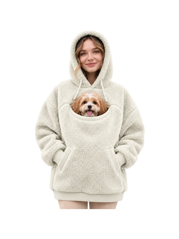 Women's Pet Dog Pouch Hoodie, Oversized Dog Carrier Sweatshirt with Large Pocket, Long Sleeve Fleece Dog Hoodie & Cozy Winter Clothes, Beige L