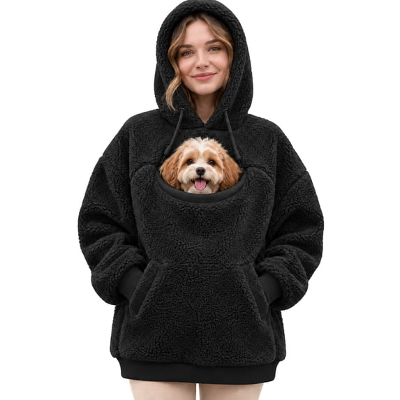 laqbezok Women's Pet Dog Pouch Hoodie, Oversized Dog Carrier Sweatshirt with Large Pocket, Long Sleeve Fleece Dog Hoodie & Cozy Winter Clothes, Black XXL