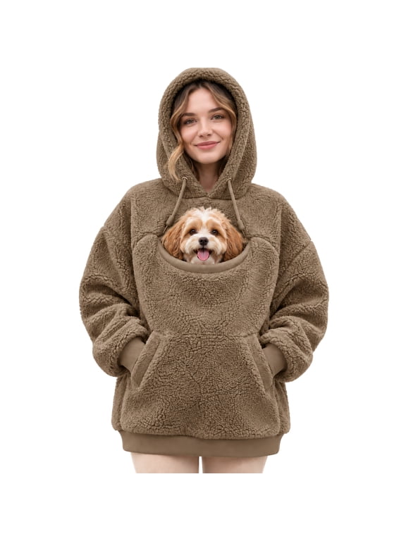 Women's Pet Dog Pouch Hoodie, Oversized Dog Carrier Sweatshirt with Large Pocket, Long Sleeve Fleece Dog Hoodie & Cozy Winter Clothes, Coffee XL